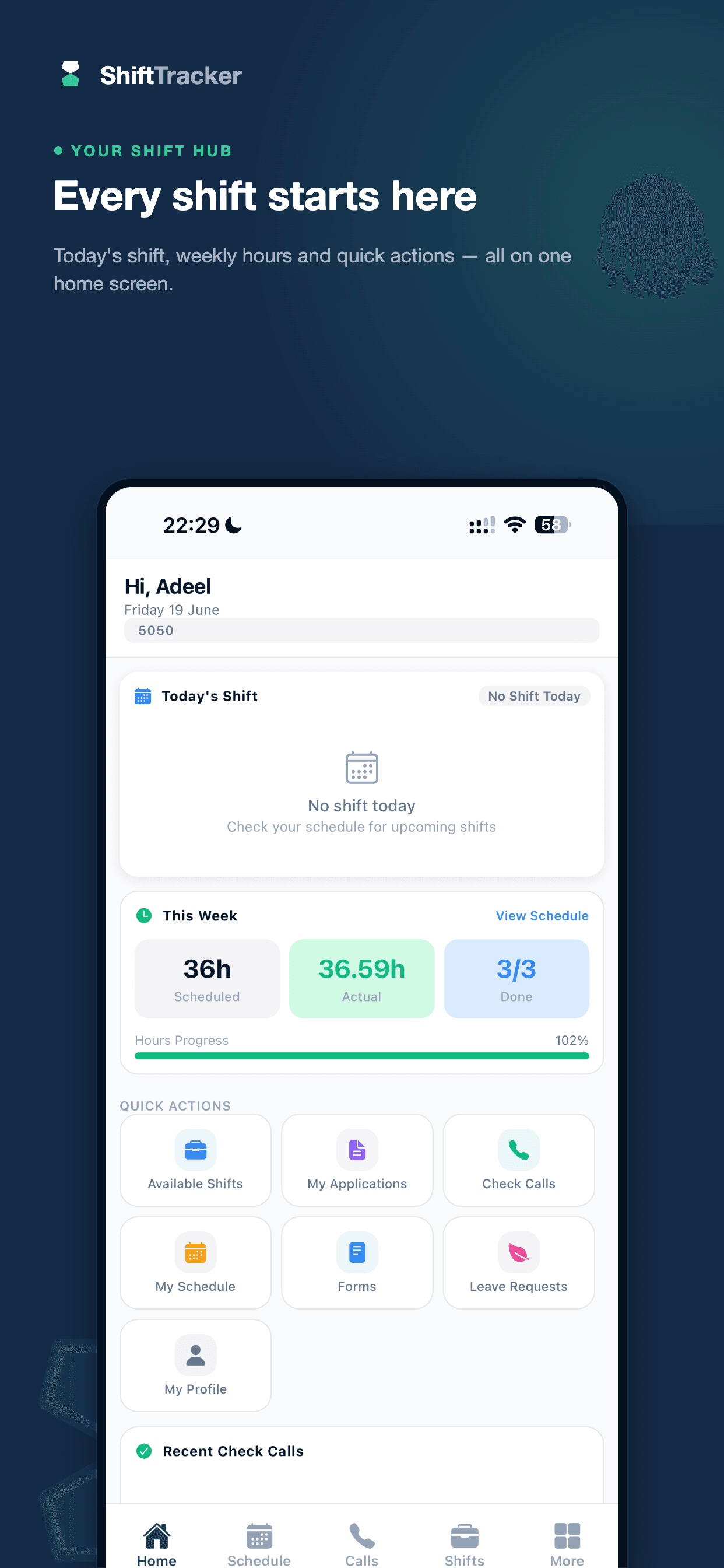 The ShiftTracker mobile app home screen