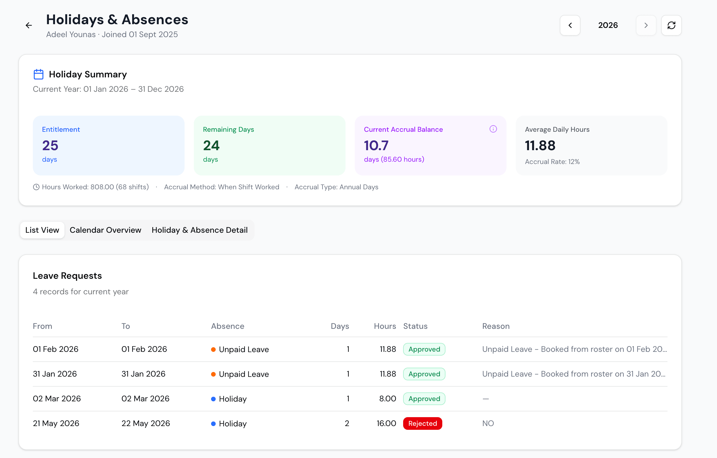 Holidays and absences with live accrual balance per person