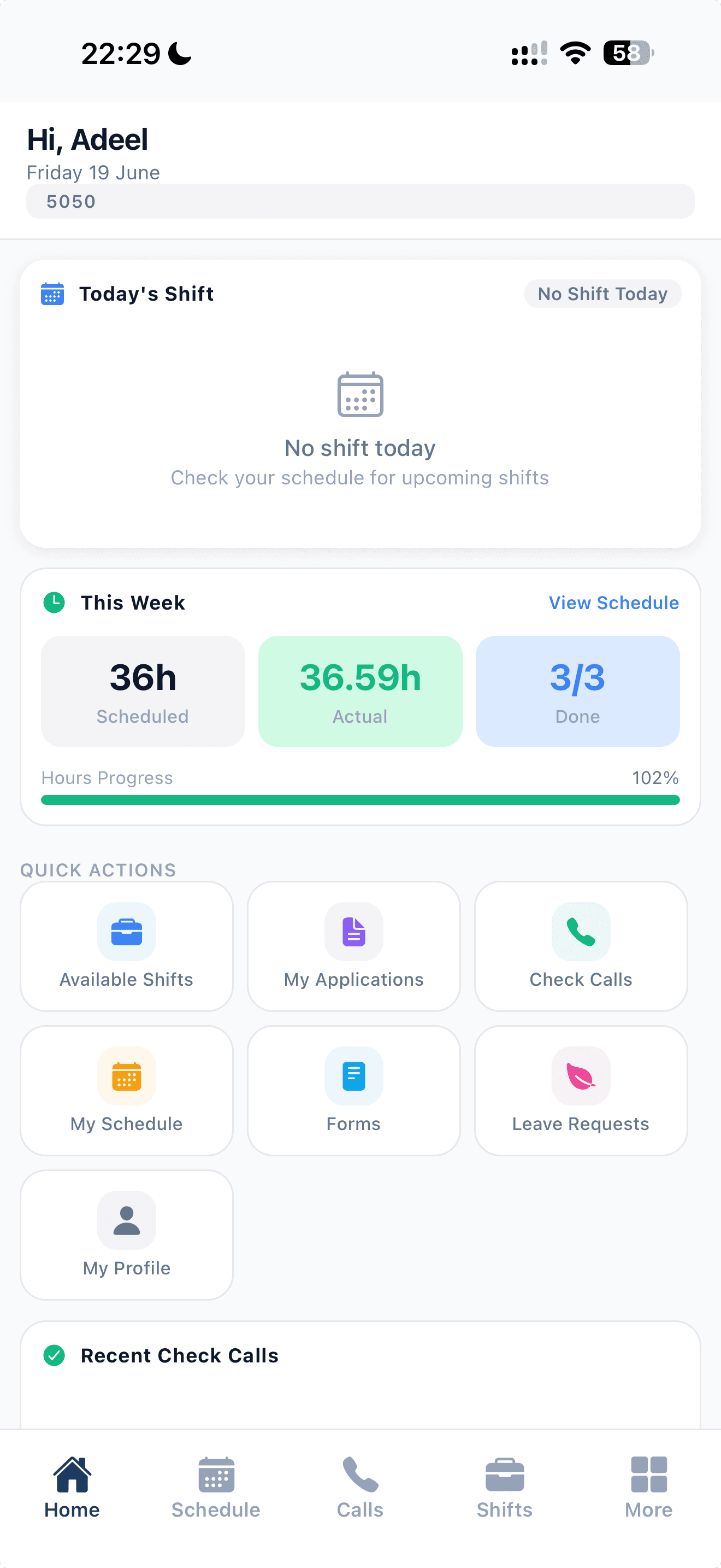 ShiftTracker home screen