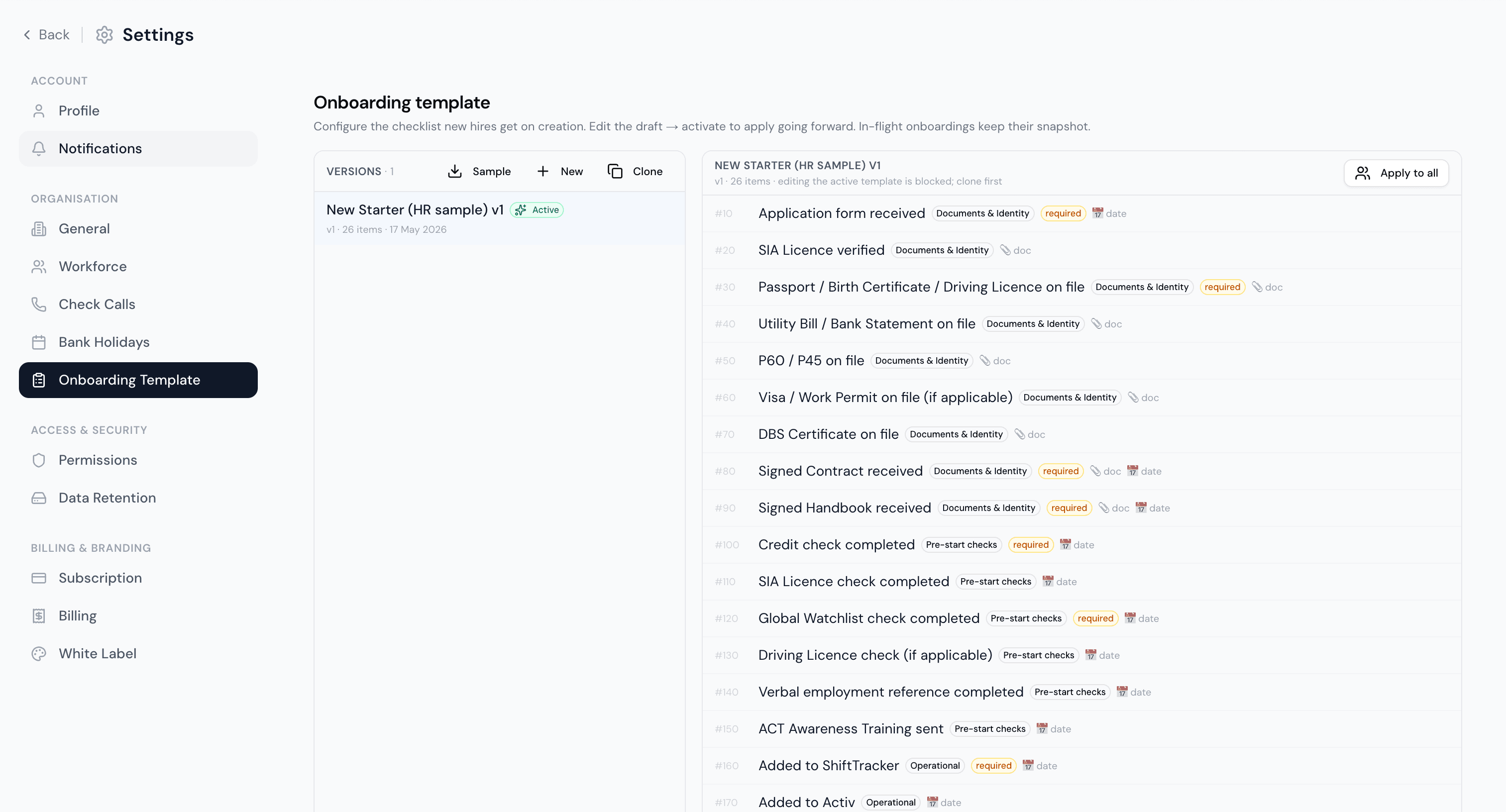 New-starter onboarding template with required, dated checklist items