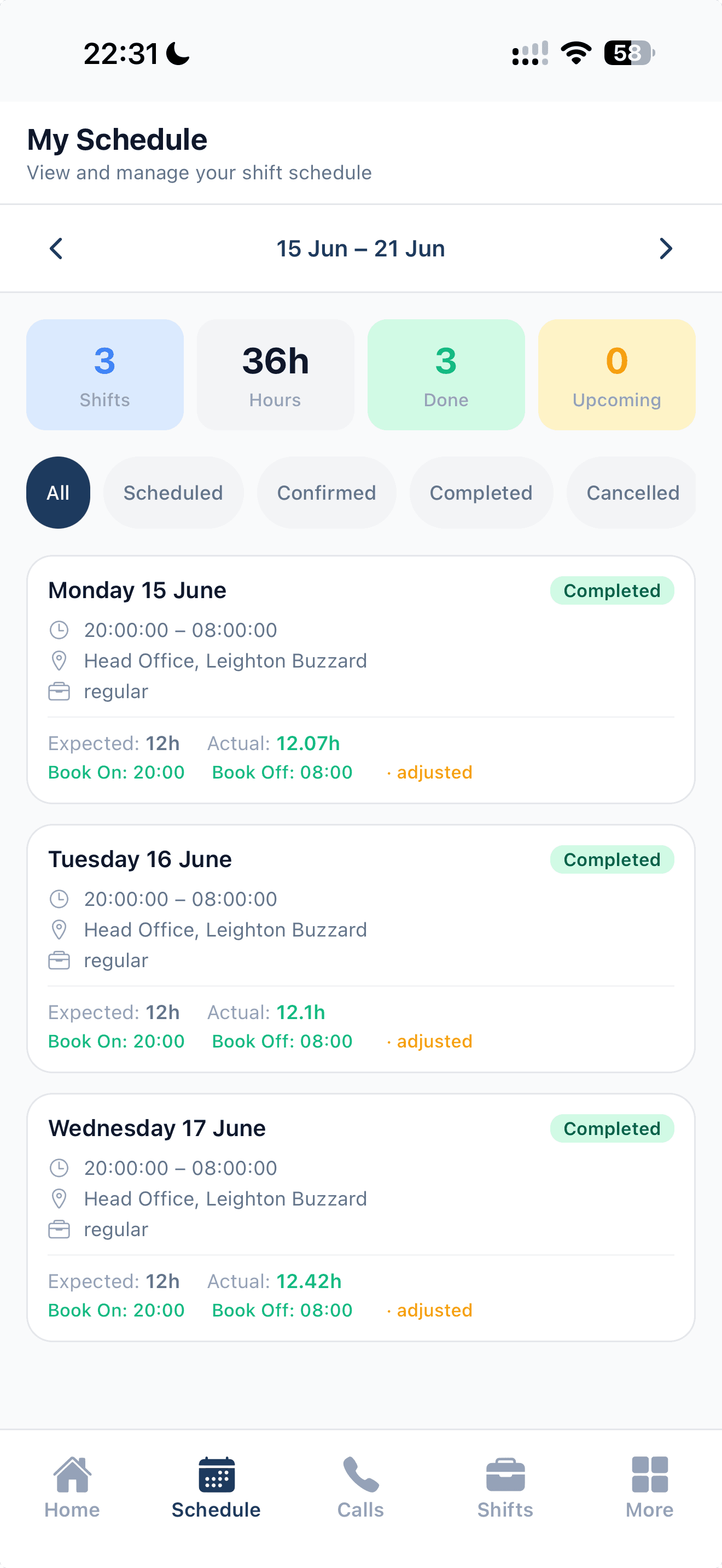 Weekly schedule