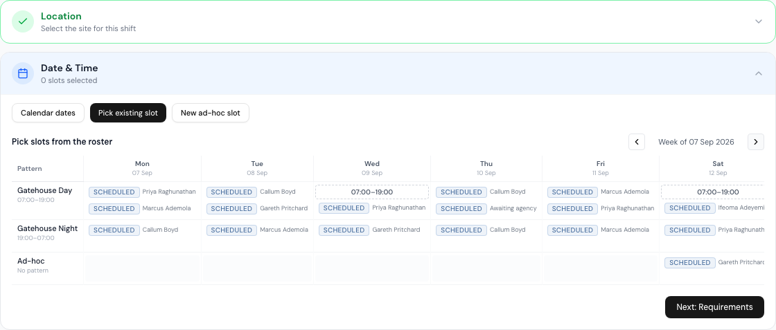 The Date & Time step of the new-request form on Pick existing slot, showing the roster week as a grid. Cells already covered read SCHEDULED with the officer's name and cannot be picked; Wednesday and Saturday each offer a pickable 07:00–19:00 chip, and one cell reads Awaiting agency.